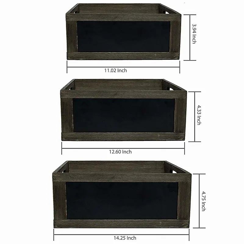 Nesting Rustic Brown Wood Nesting Storage Crates with Chalkboard Front Panel and Cutout Handles, Set of 3