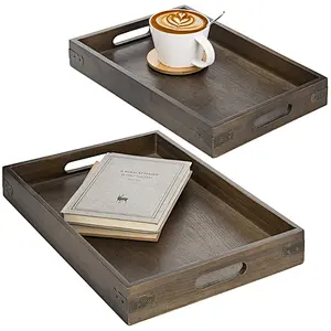 Rustic Brown Wooden Nesting Breakfast Serving Trays with Handles, Set of 2