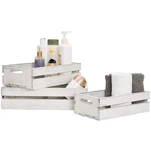 Vintage Whitewash Wood Nesting Storage Crates with Handles, Set of 3