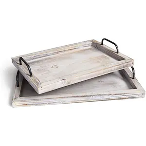 Country vintage food tray (2-piece set) | brown and white wash nested wooden strap metal handle 2020