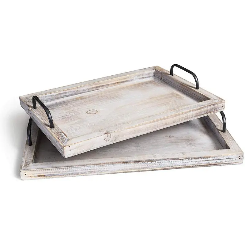 Country vintage food tray (2-piece set) | brown and white wash nested wooden strap metal handle 2020