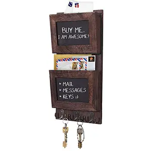 Rustic 2-Slot Mail Sorter Organizer for Wall with Chalkboard Surface & 3 Double Key Hooks - Wooden Wall Mount Mail Holder