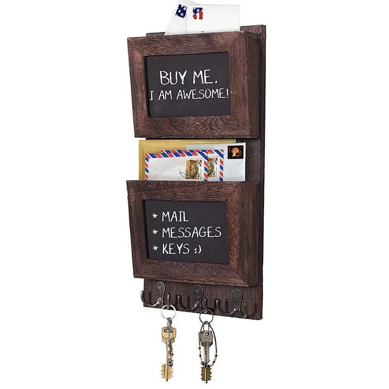 Rustic 2-Slot Mail Sorter Organizer for Wall with Chalkboard Surface & 3 Double Key Hooks - Wooden Wall Mount Mail Holder