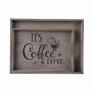 Set of 2 Rustic Wooden Serving Trays with Cutout Handles for Breakfast, Bar, Coffee Table, Coffee