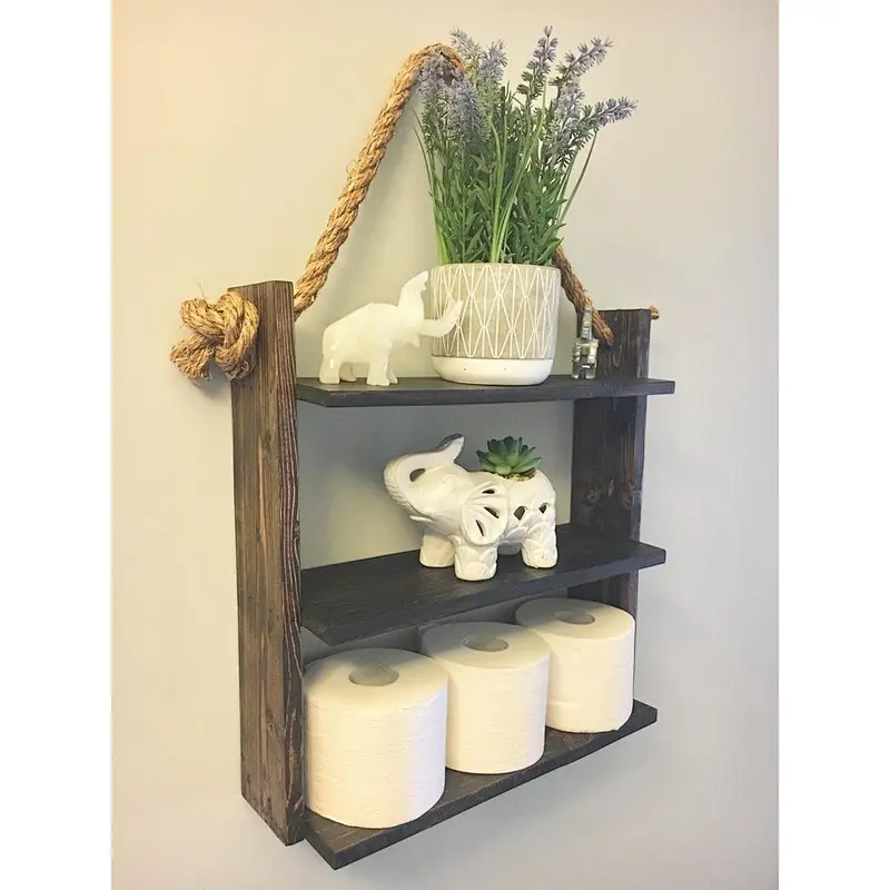 Bathroom Shelf Organizer with Towel Hooks  Modern Farmhouse Brown Country Storage  Apartment Decor
