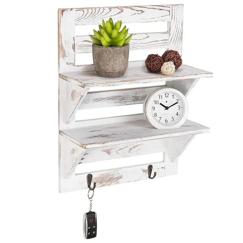 Rustic Whitewashed Wood Wall-Mounted Shelf Rack with Key Hooks