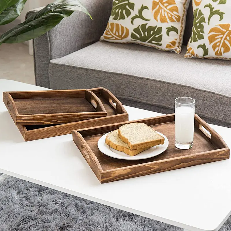 Nesting Burnt Wood Serving Trays with Cutout Handles, Set of 3