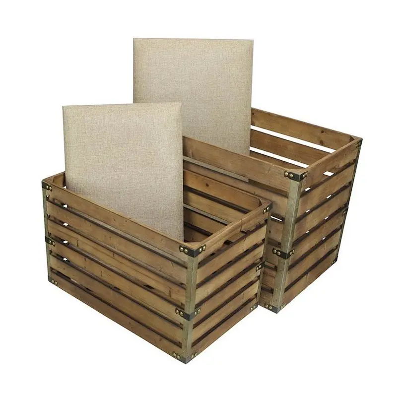 Wooden Boxes, Rectangular Handmade Wood Slat Storage Crate with Metal Accent and Cushioned Lid - Set of 2