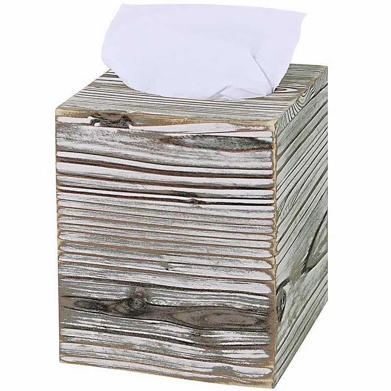 Rustic Wood Square Tissue Box Cover Tissue Holder Torched Barnwood Wooden Tissue Paper Cube Box