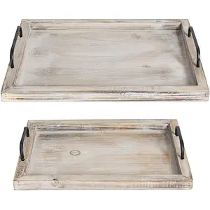 Country vintage food tray (2-piece set) | brown and white wash nested wooden strap metal handle 2020