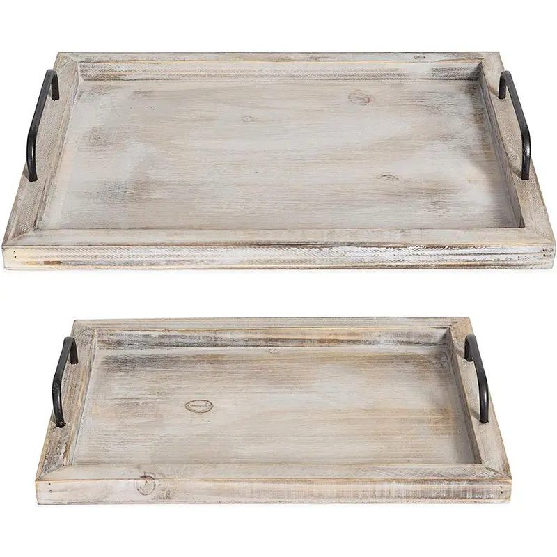 Country vintage food tray (2-piece set) | brown and white wash nested wooden strap metal handle 2020