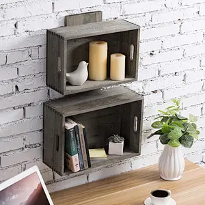 Rustic Vintage Gray Wood Crate Style Wall Mounted Floating Shelves