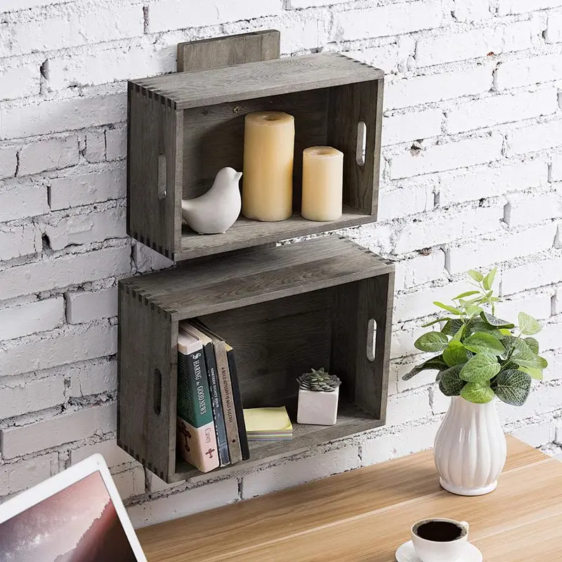 Rustic Vintage Gray Wood Crate Style Wall Mounted Floating Shelves