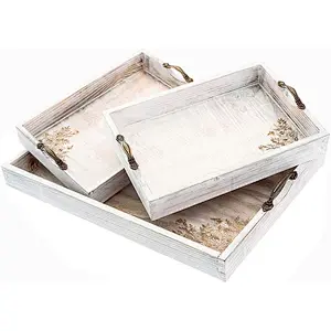 Wooden tray, 3-piece oversize coffee table tray - retro country design - metal handle