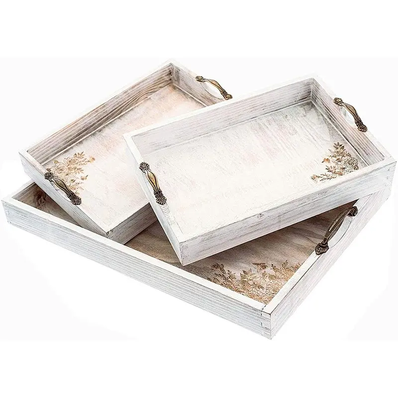 Wooden tray, 3-piece oversize coffee table tray - retro country design - metal handle