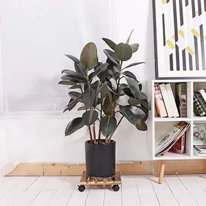Square Natural Wood Plant Pot Caddy Dolly, Sturdy Planter Flower Stand Rolling Mover with Locking Wheels for Outdoor Indoor