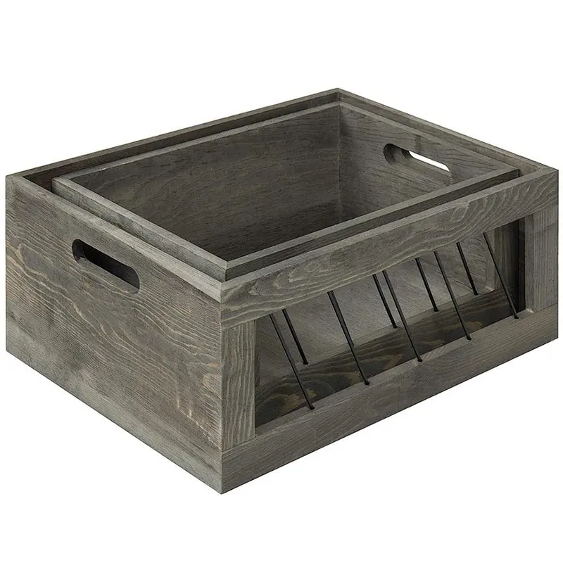 Vintage Gray Wood & Metal Wire Nesting Storage Crates with Handles,rustic,antique,minimalist