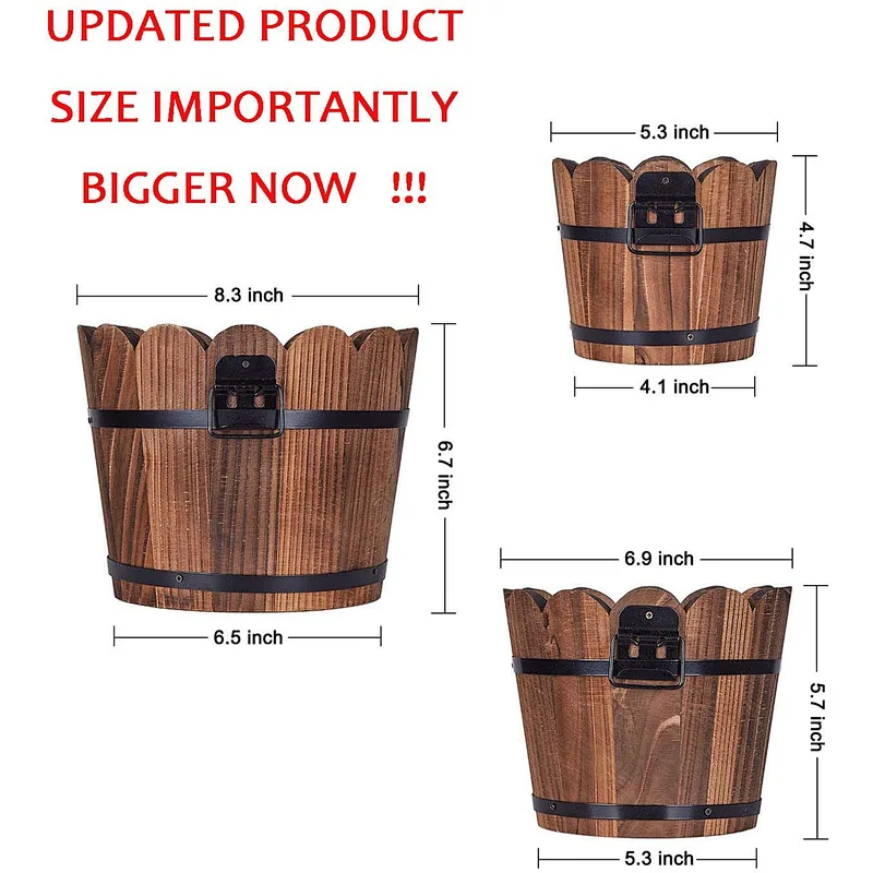 Wooden Bucket Barrel Planters Rustic Patio Planters Flower Pots for Plants Garden Outdoor Indoor Decor  Set of 3