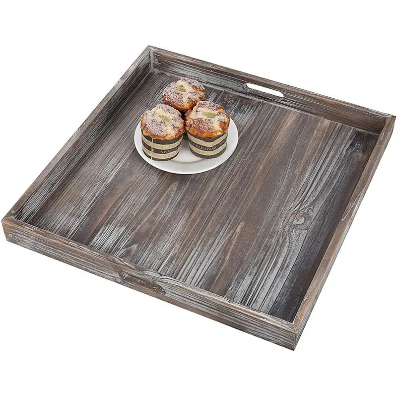 MyGift 18-Inch Square Rustic Torched Wood Ottoman Tray