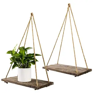 Decorative Wall Hanging Shelf - Distressed Wood Jute Rope Floating Shelves - Rustic Home Wall Decor - Set of 2
