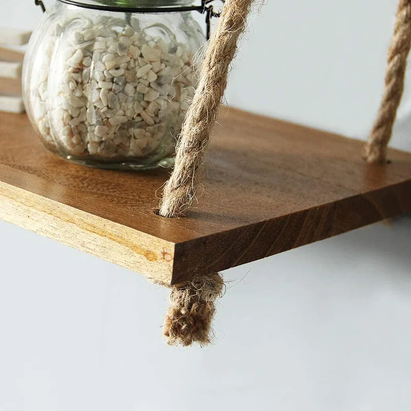 SAND MINE Set of 3 Wood Wall Hanging Shelf  Wood Floating Shelves  Hanging Swing Rope Shelves