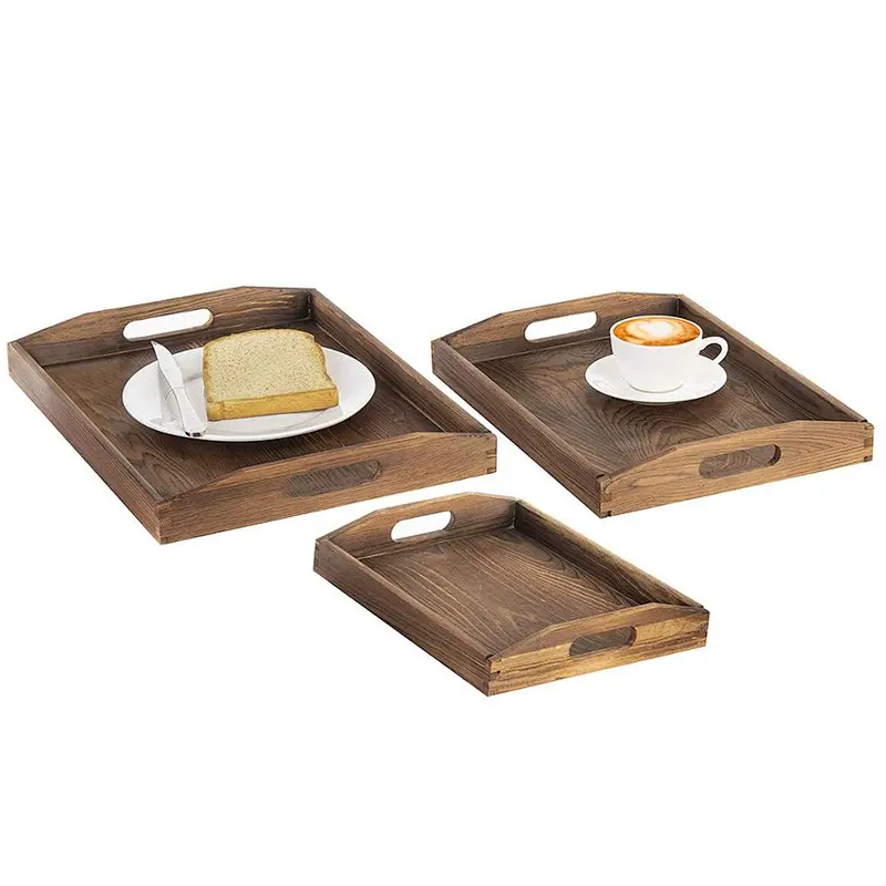 Wooden tray Set of 3 Nesting Brown Wood Serving Trays with Cutout Handles Wooden Appetizer Tray Serving