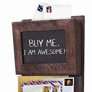 Rustic 2-Slot Mail Sorter Organizer for Wall with Chalkboard Surface & 3 Double Key Hooks - Wooden Wall Mount Mail Holder