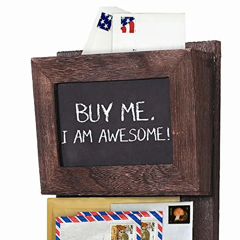 Rustic 2-Slot Mail Sorter Organizer for Wall with Chalkboard Surface & 3 Double Key Hooks - Wooden Wall Mount Mail Holder