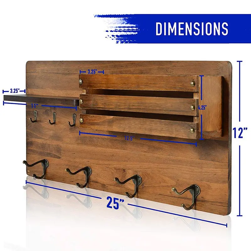 Wall Mounted Coat Rack Shelf Entryway Organizer with Key Hook and Mail Slot - Rustic Farmhouse Decor Solid Pine Wood