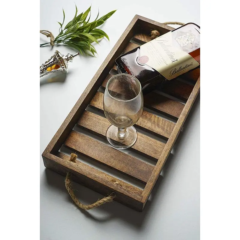 GoCraft Mango Wood Tray with Rope Handles | Serveware Kitchen Accessories Breakfast Tray