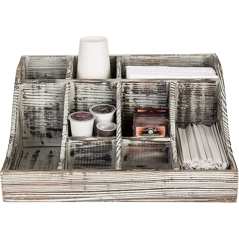 9-Compartment Rustic Torched Wood Tabletop Condiment Holder  Coffee & Tea Storage Caddy