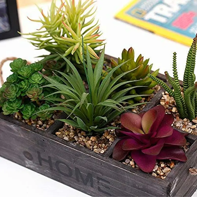 Potted Artificial Succulent Plants in Rustic Wooden Planter Box with Rope Handles