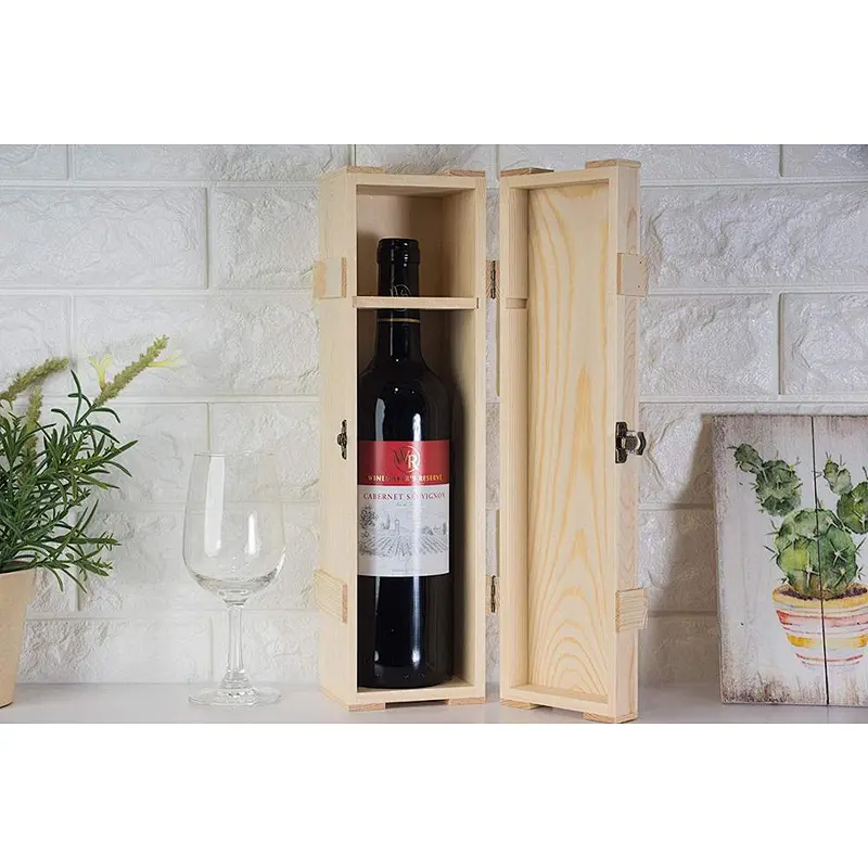 Wooden wine box - single bottle wooden storage gift box, hinged buckle box,