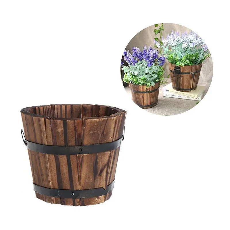 Wood land planter flower box-Retro Round Wooden Flower Pots Planter Barrel Home Garden Outdoor Decoration