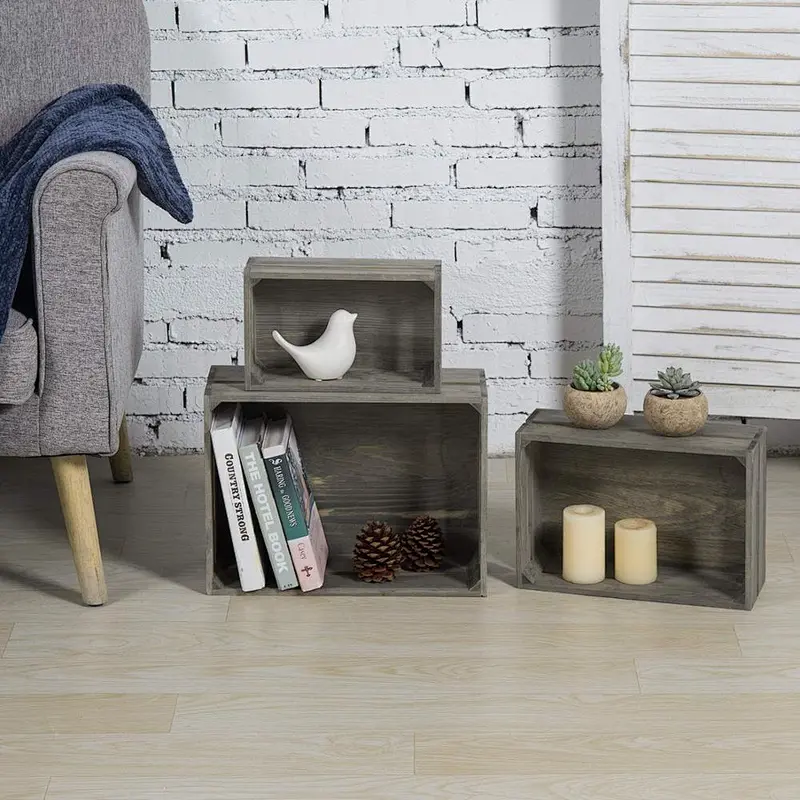 Set of 3 Nesting Ash Brown Wood Accent Crates, Storage Pallet Boxes with Handles
