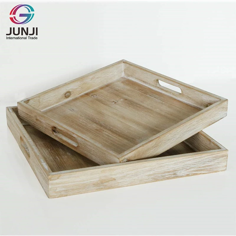 Rustic Square Nesting Trays with Handles-for Breakfast Kitchen Counter Coffee Table Bed Table