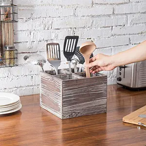 Rustic Torched Wood Kitchen Cooking Utensil Holder, 4-Compartment Flatware Caddy Box