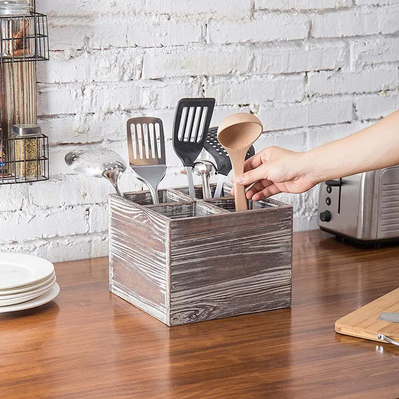 Rustic Torched Wood Kitchen Cooking Utensil Holder, 4-Compartment Flatware Caddy Box
