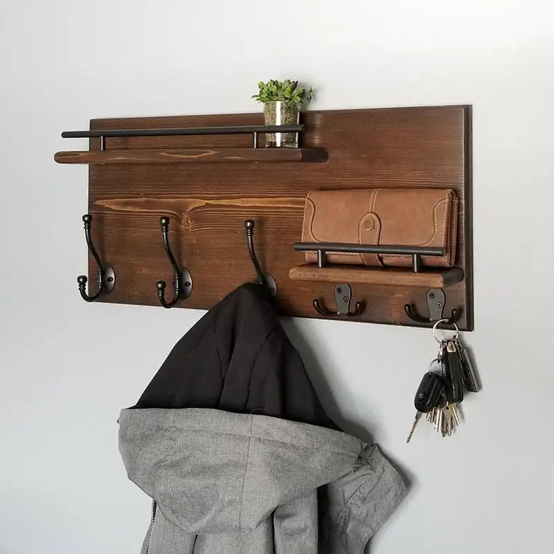 Hot bathroom shelf with hooks wall mounted floating shelves rural wooden key holder shelf