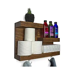 Bathroom Shelf Organizer with Towel Hooks  Modern Farmhouse Brown Country Storage  Apartment Decor