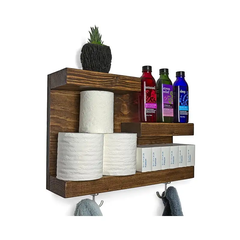Bathroom Shelf Organizer with Towel Hooks  Modern Farmhouse Brown Country Storage  Apartment Decor