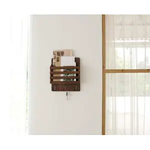 Mail Sorter Organizer Wood Key Holder Organizer, Rustic Wall Mail Holder with 3 Key Hook Rack, Wall Mount Letter Bills Magazine