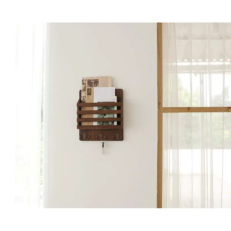 Mail Sorter Organizer Wood Key Holder Organizer, Rustic Wall Mail Holder with 3 Key Hook Rack, Wall Mount Letter Bills Magazine