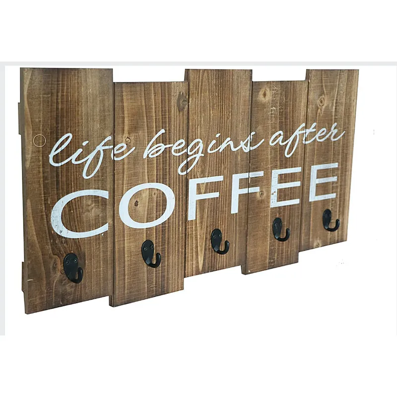 Creations Rustic Coffee Mug Rack Wall Mounted, Printed Coffee Sign - 6 Coffee Cup Hooks