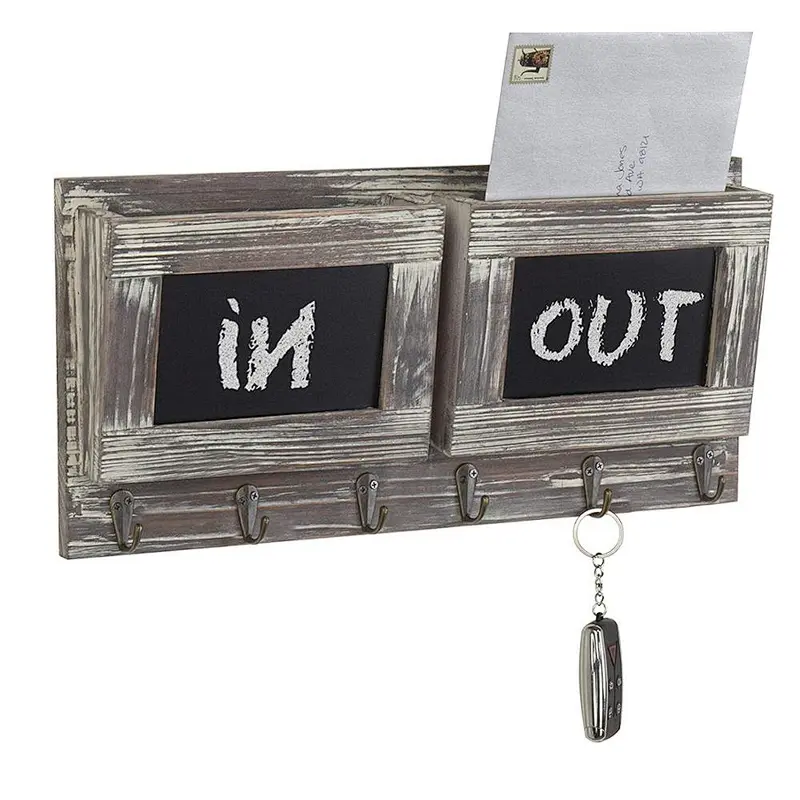 Mail Sorter Organizer Wood Key Holder Organizer, Slot Rustic Wall-Mounted Wood Mail Holder with 6 Key Hooks and Chalkboard Label