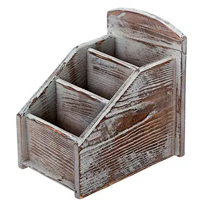 Rustic Wood Remote Control Caddy, 3 Slot Office Supply Storage Rack, Brown