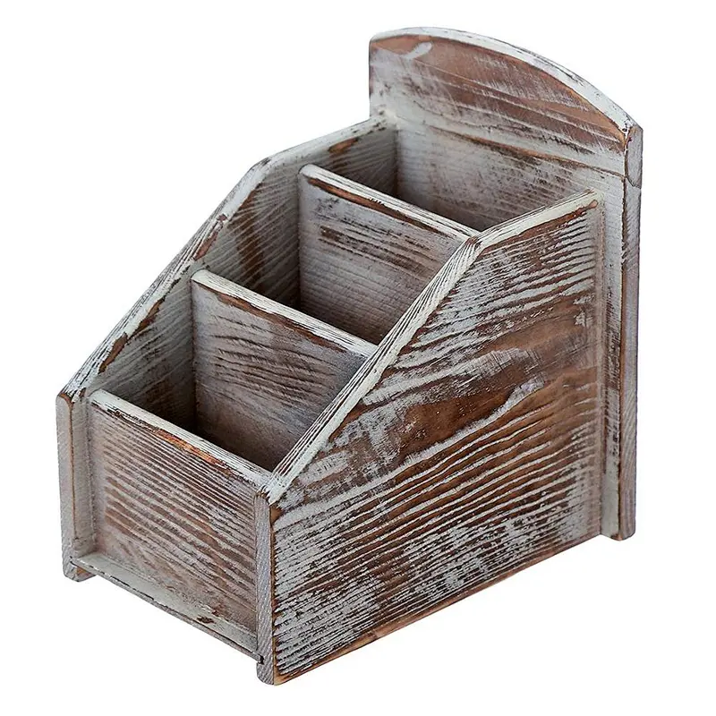 Rustic Wood Remote Control Caddy, 3 Slot Office Supply Storage Rack, Brown