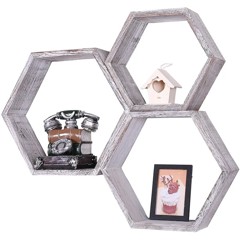 Rustic Wall Mounted Hexagonal Floating Shelves  Set of 3  Large