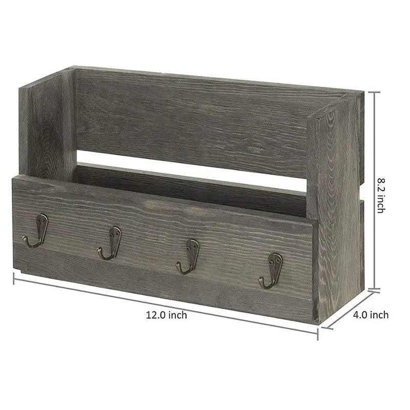 Rustic Gray Wood Wall Mounted Mail Holder Organizer with 4 Key Hooks