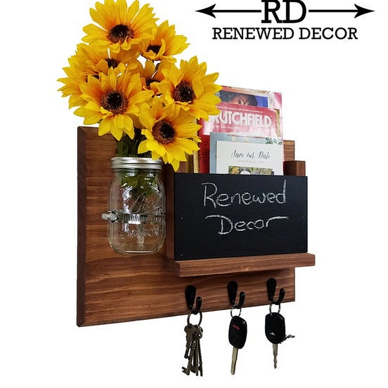 Hamilton Mail Organizer with Chalkboard and Decorative Mason Jar Vase, Single Hooks, Available in 20 Stains